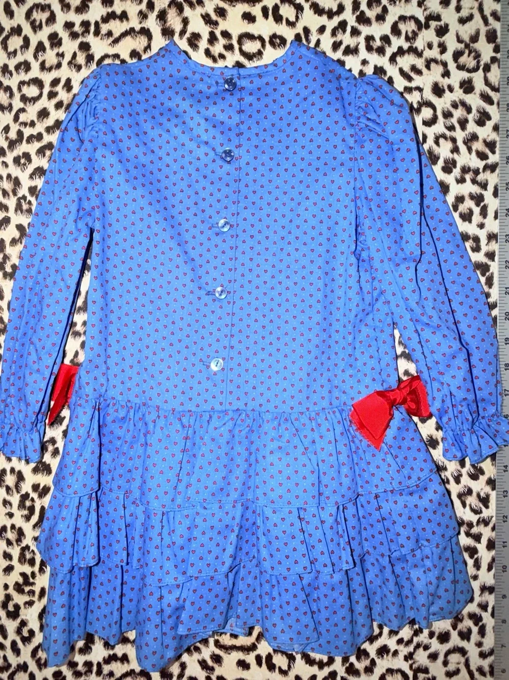 Little Star Toddler Girl’s Vintage Blue W/ Red Hearts And Red Bows Dress Size 5